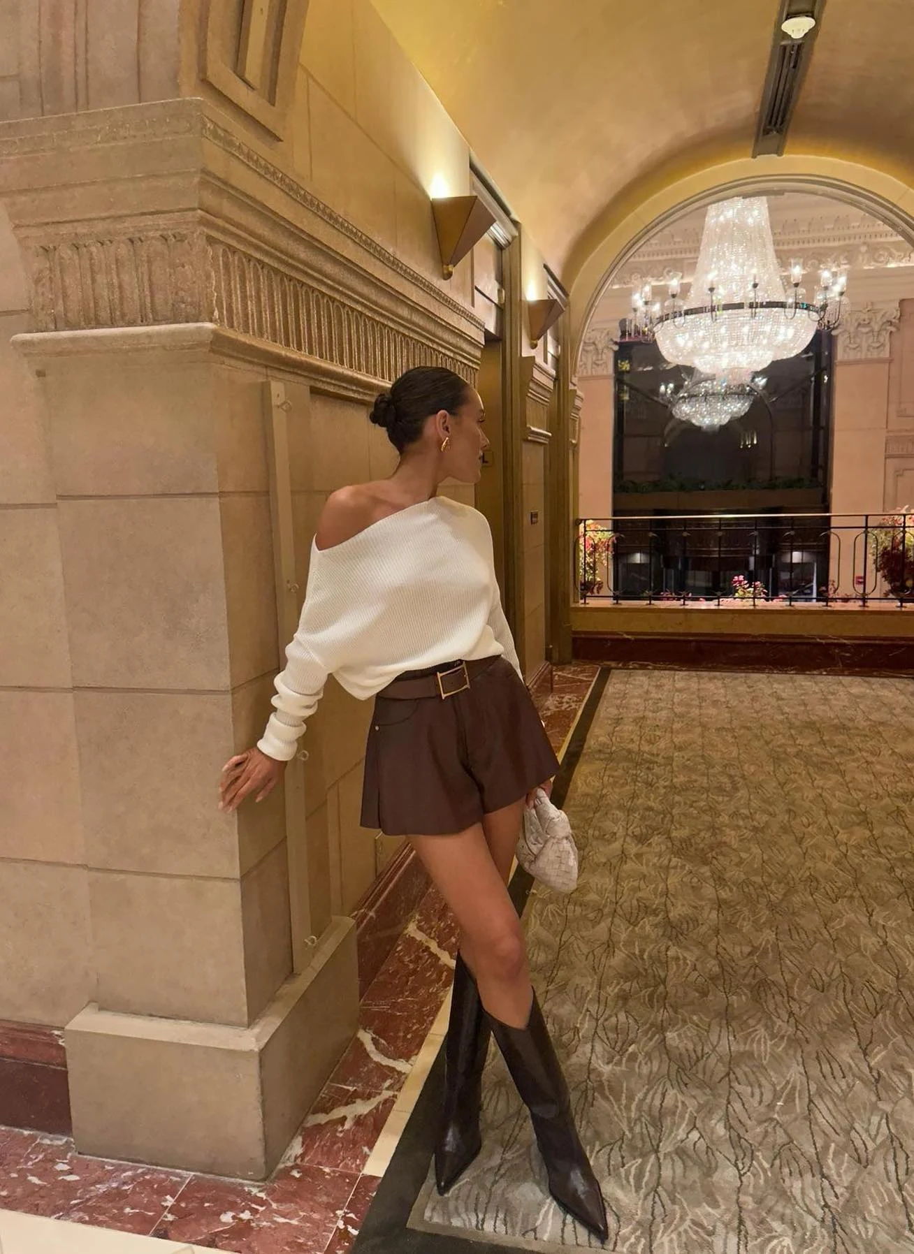 White Off-Shoulder Sweater Chocolate Brown Mini Skirt Outfit