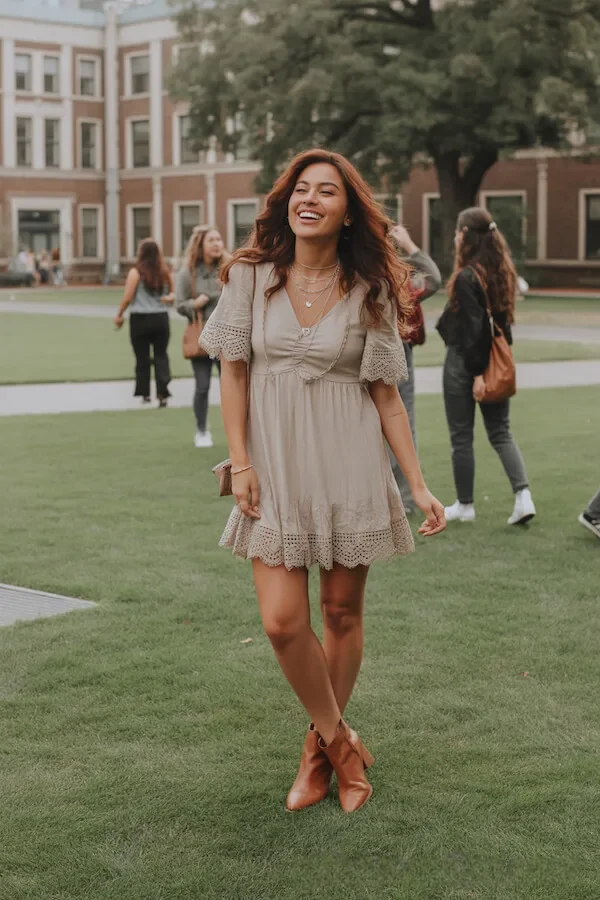 Cream Lace Trim Mini Dress with Puff Sleeves and Tan Ankle Boots