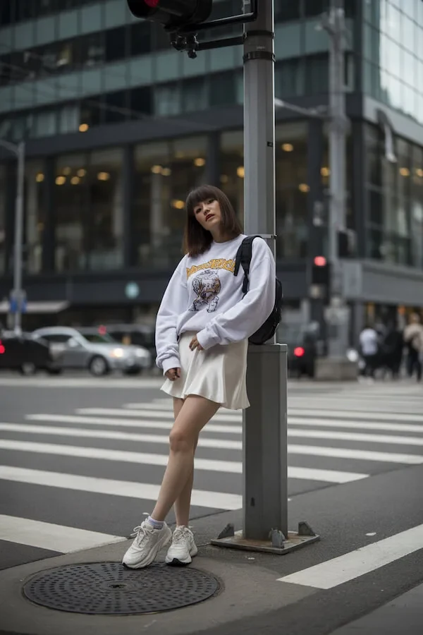 White Graphic Sweatshirt Cream Tennis Skirt Chunky Sneakers