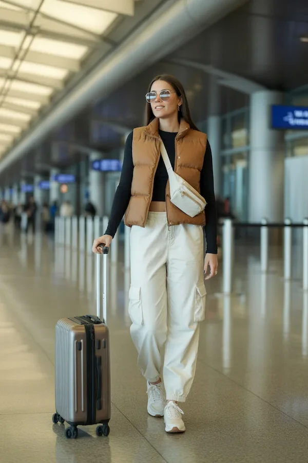 Brown Puffer Vest Outfit with Cream Cargo Pants and Black Base Layer