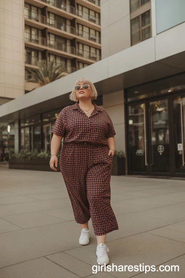 Brown Geometric Co-Ord Set with Wide-Leg Trousers