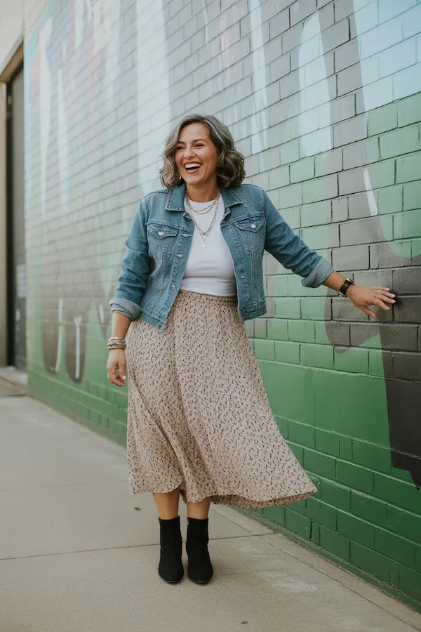 Denim Jacket White Tank Floral Midi Skirt Black Ankle Boots Outfit