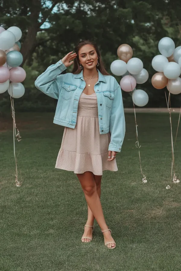Light Blue Denim Jacket with Beige Tiered Mini Dress Spring Outfit