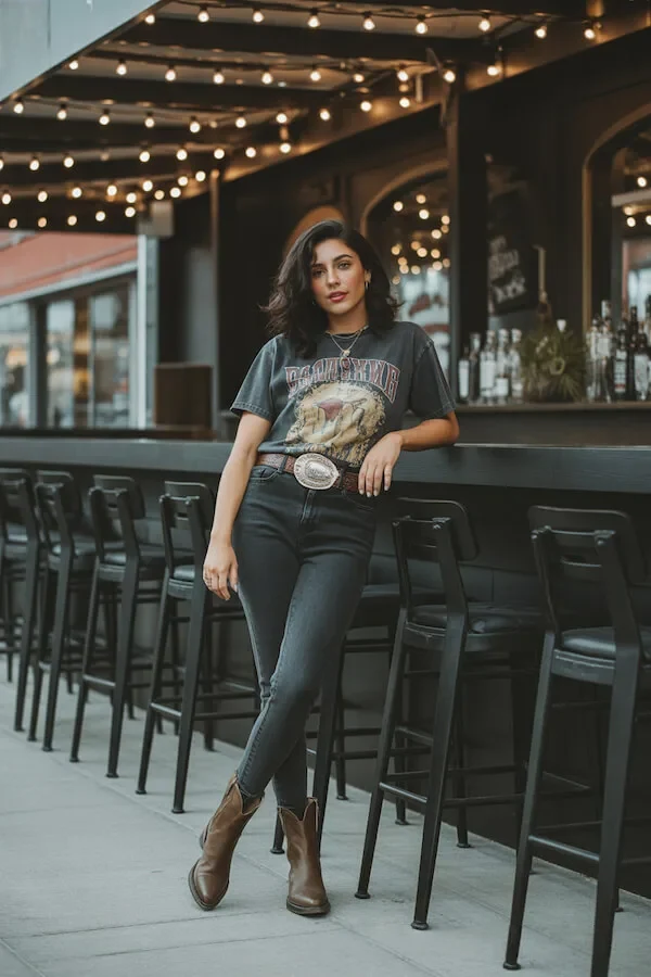 Graphic Band Tee Western Belt Black Jeans Brown Boots Outfit