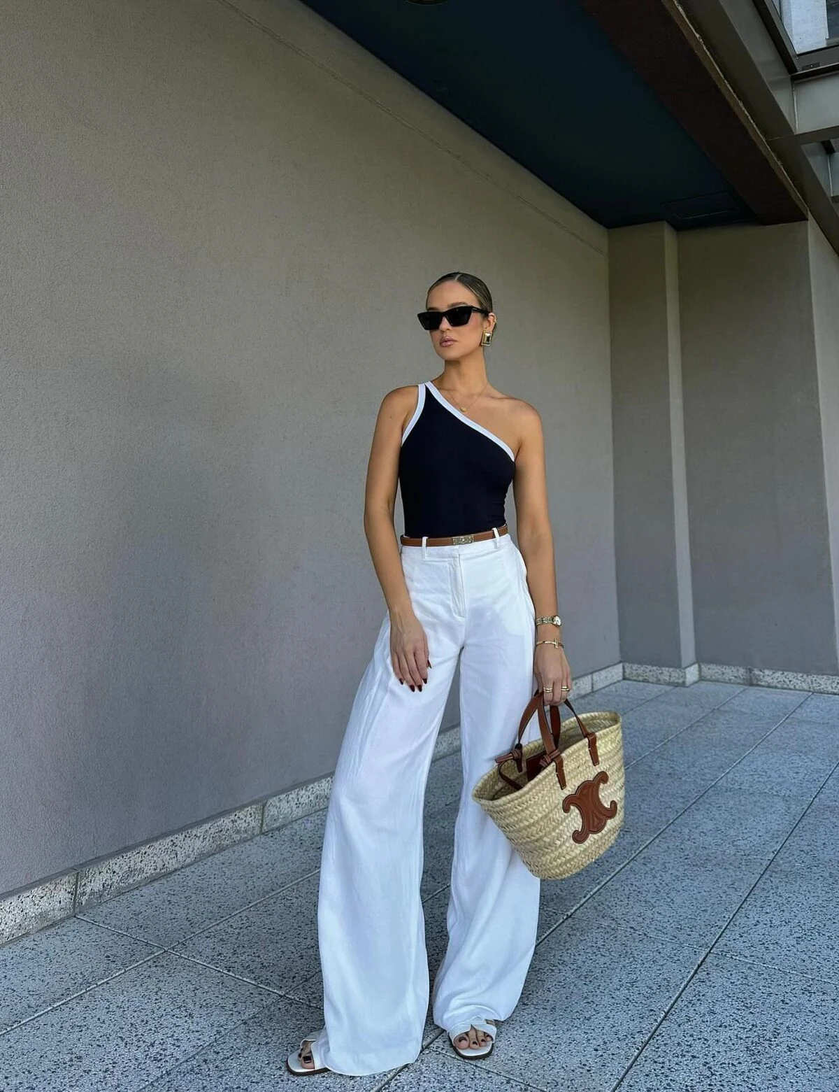 Black One-Shoulder Top White Wide-Leg Trousers Summer Outfit