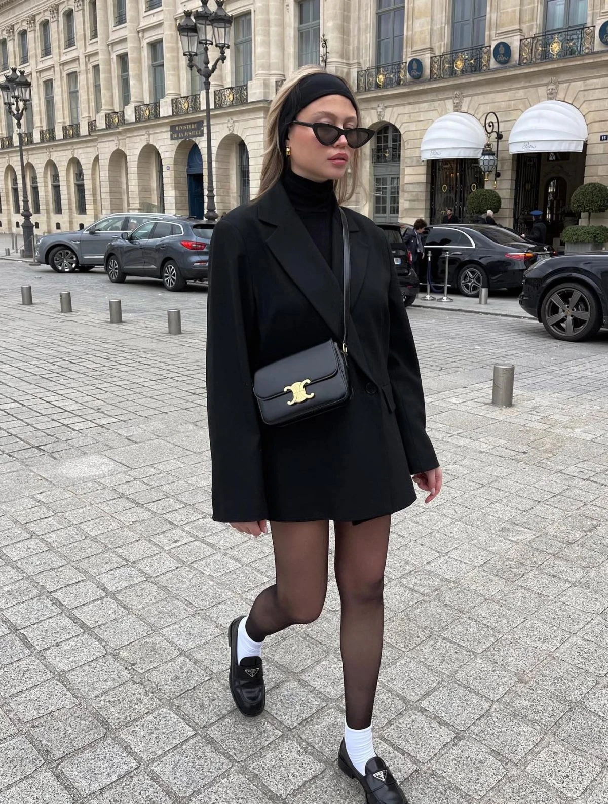 Black Blazer Mini Skirt Outfit with Turtleneck Loafers