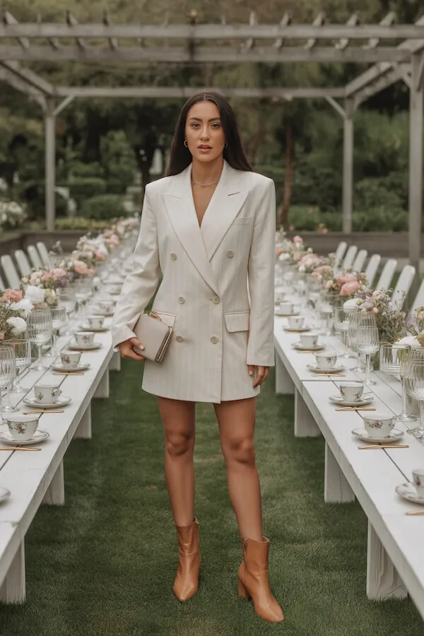 Cream Oversized Double-Breasted Blazer Dress with Tan Ankle Boots
