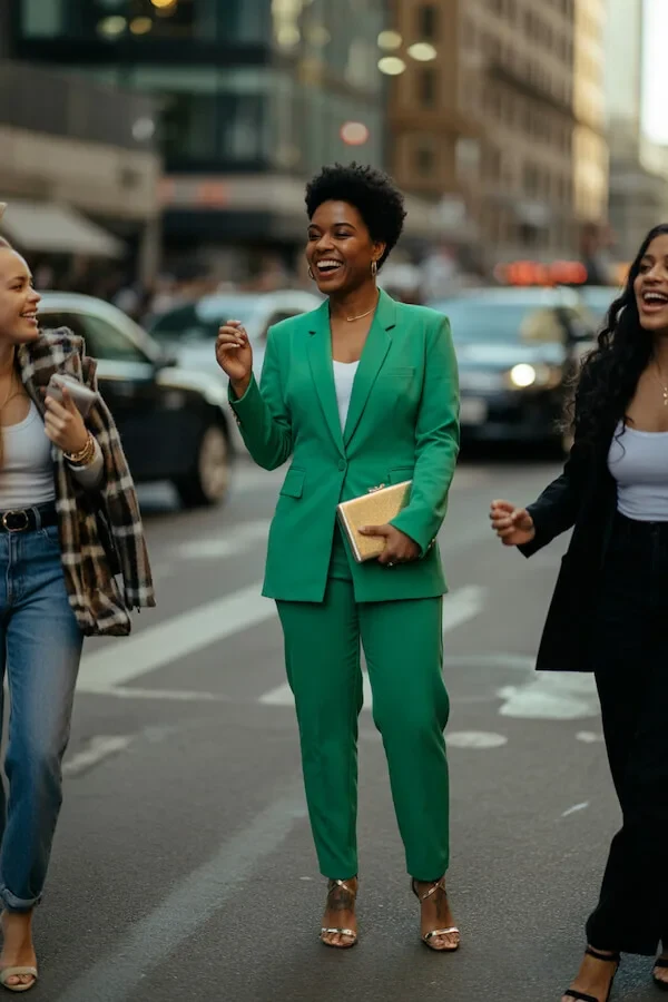 Green Tailored Blazer Suit with White Tank and Strappy Heels