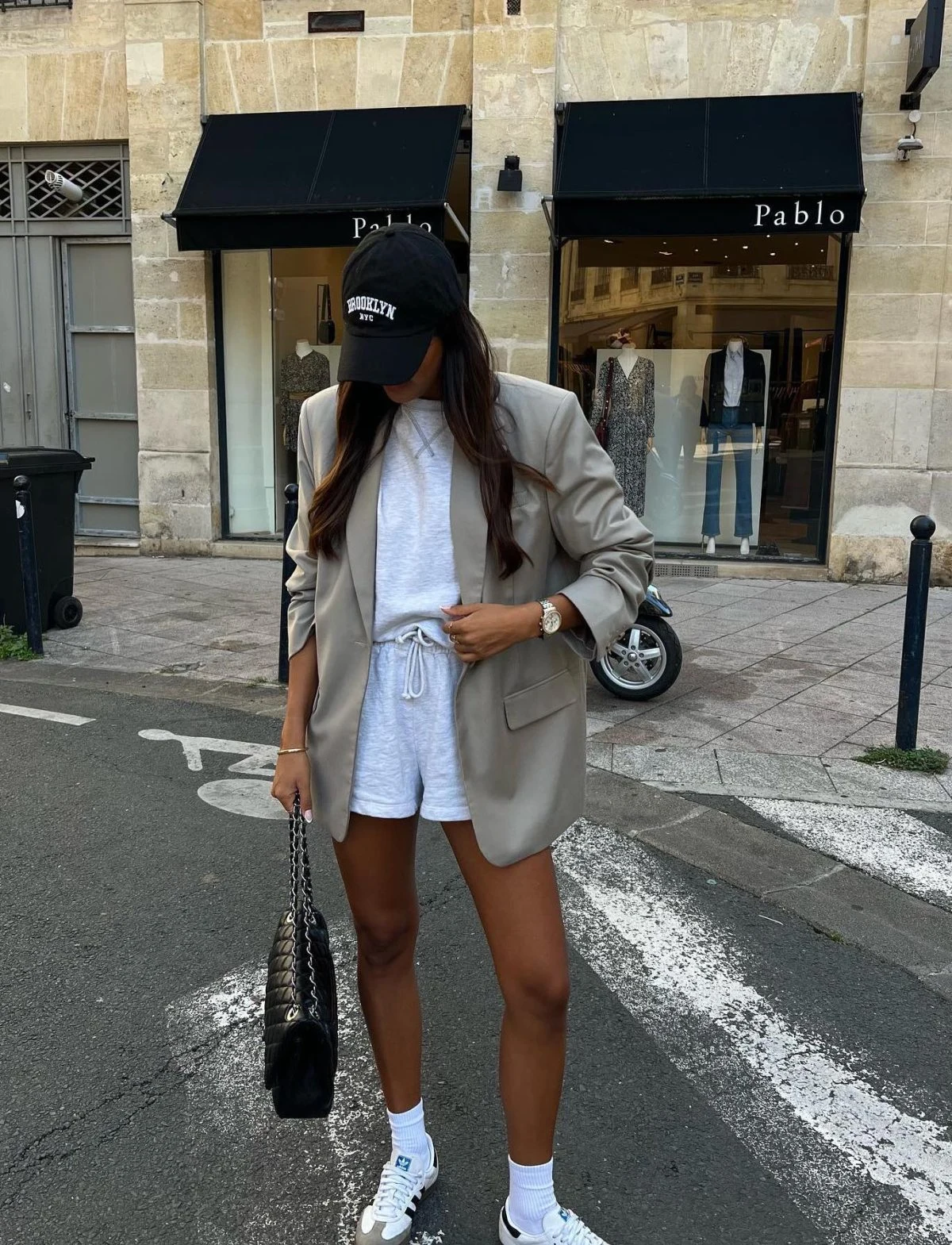 Beige Blazer Grey Sweat Shorts White Sneakers Outfit