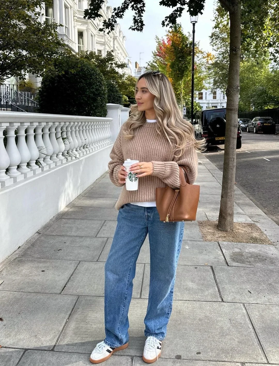 Camel Chunky Knit Sweater Outfit with Straight Leg Jeans