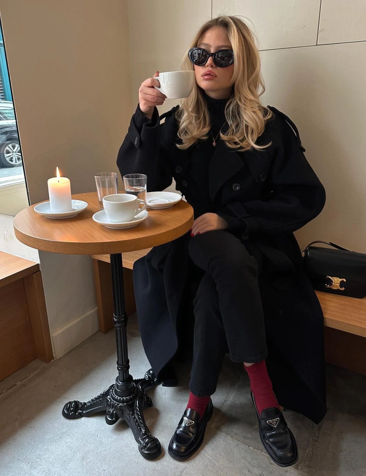 Black Wool Coat Outfit with Wide-Leg Trousers