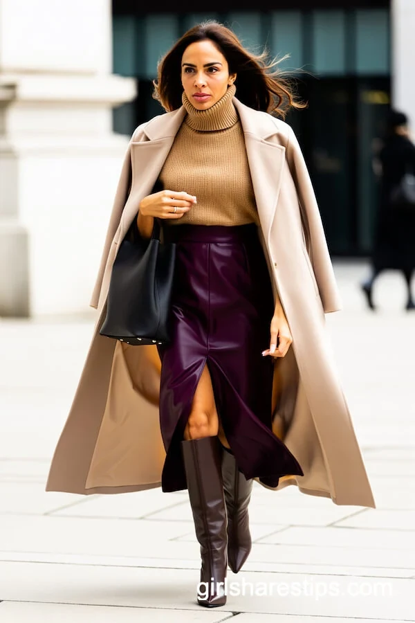 Camel Coat Burgundy Leather Skirt Outfit with Brown Boots