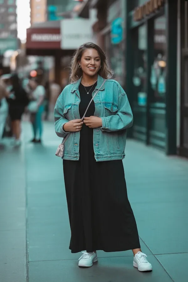 Oversized Turquoise Denim Jacket with Black Maxi Dress and White Sneakers