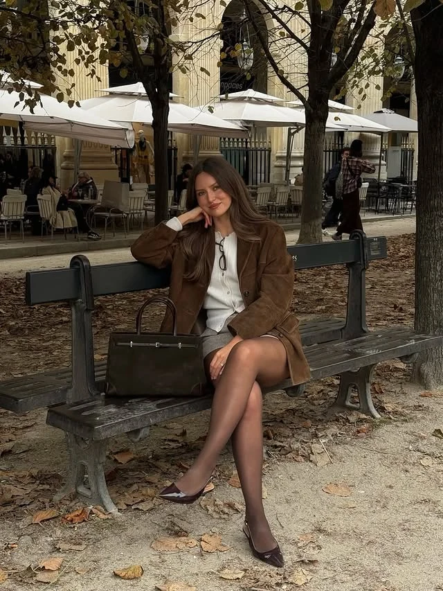 Brown Suede Trench Coat Outfit with White Blouse Fall