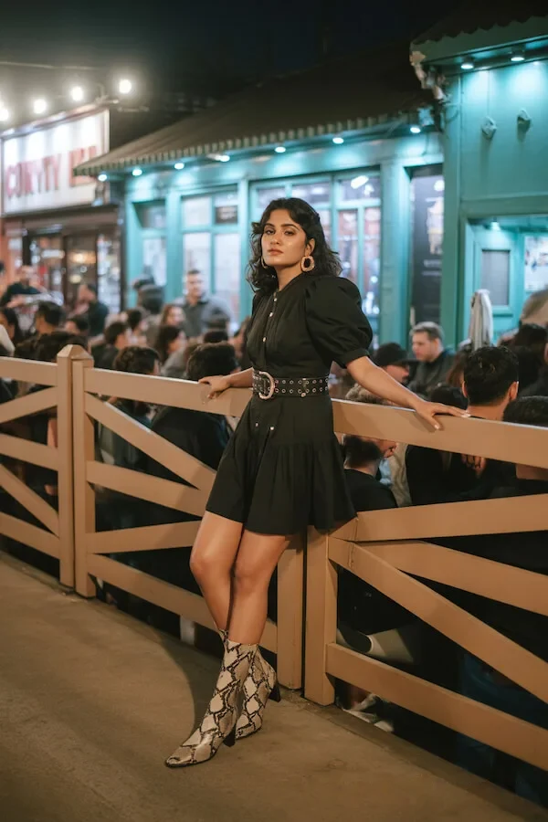 Black Shirt Dress with Pleated Skirt and Western Belt