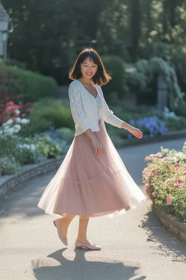 White Pointelle Cardigan Blush Tulle Midi Skirt Spring Outfit