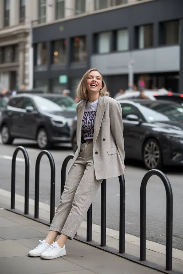 Beige Houndstooth Suit with Graphic Tee and White Sneakers