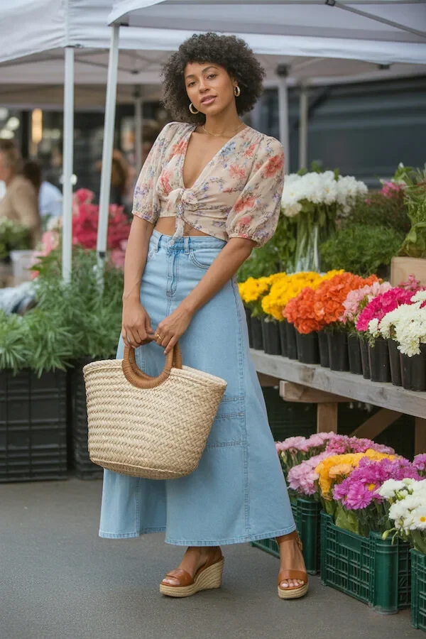 Floral Puff Sleeve Crop Top with Light Wash Denim Maxi Skirt