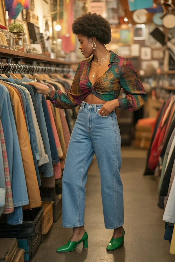 Multicolor Paisley Crop Top with Light Wash Straight Leg Jeans and Green Heels