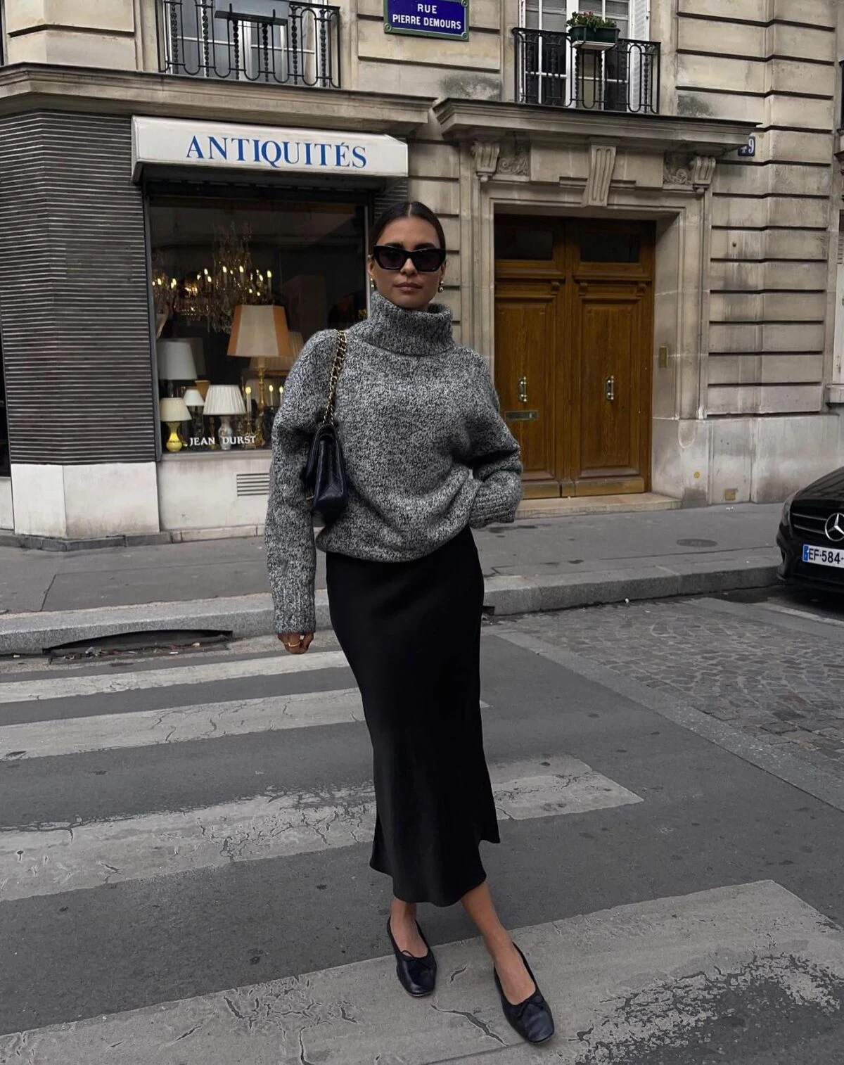 Grey Turtleneck Sweater Black Slip Skirt Fall Outfit