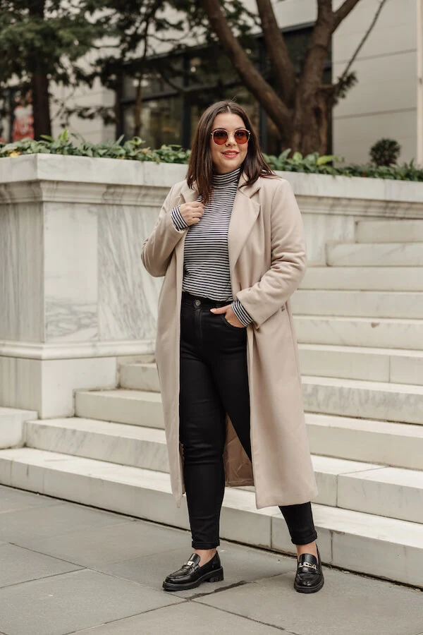 Beige Coat Black Jeans Striped Turtleneck Outfit
