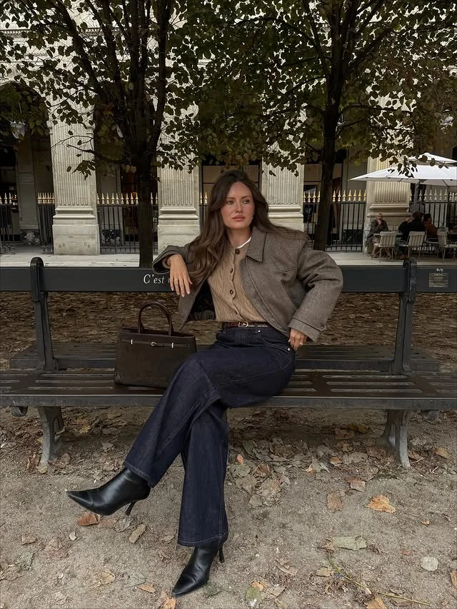 Taupe Blazer Outfit with Wide-Leg Navy Jeans and Black Boots