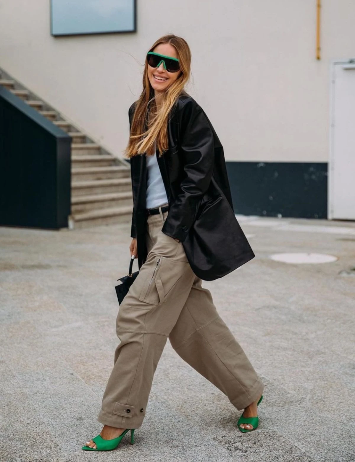 Black Leather Blazer Outfit with Cargo Trousers Green Heels
