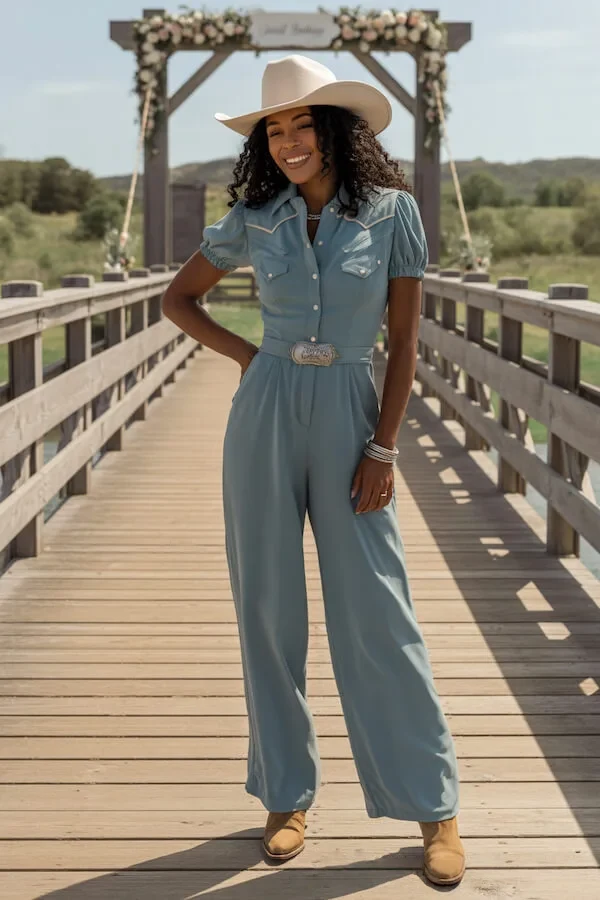 Blue Western Shirt Wide-Leg Trousers Cowboy Hat Outfit