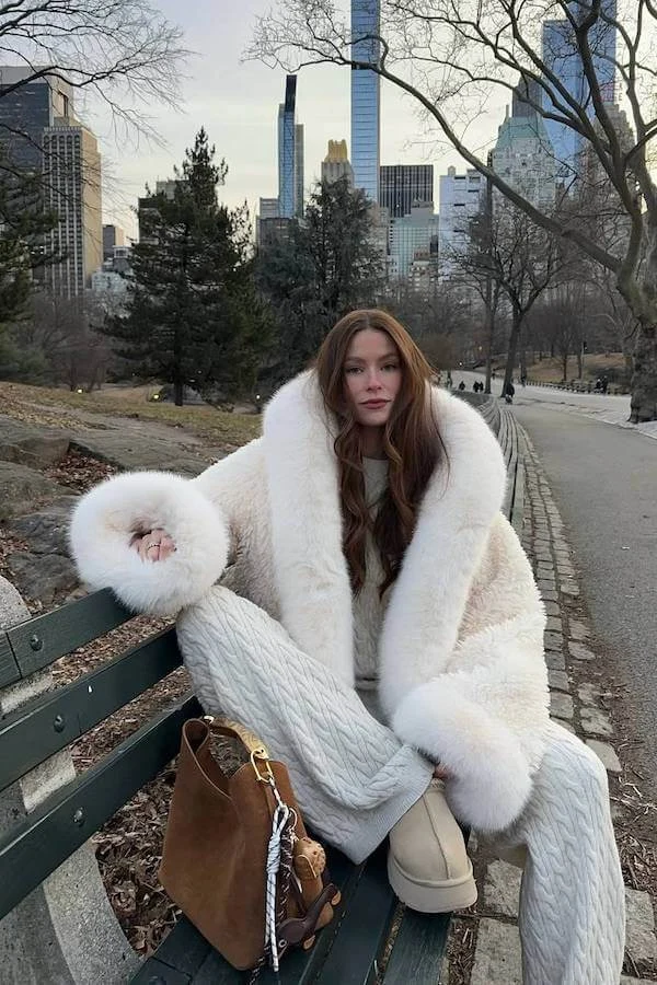 Cream Cable Knit Matching Set with Shearling Coat Winter