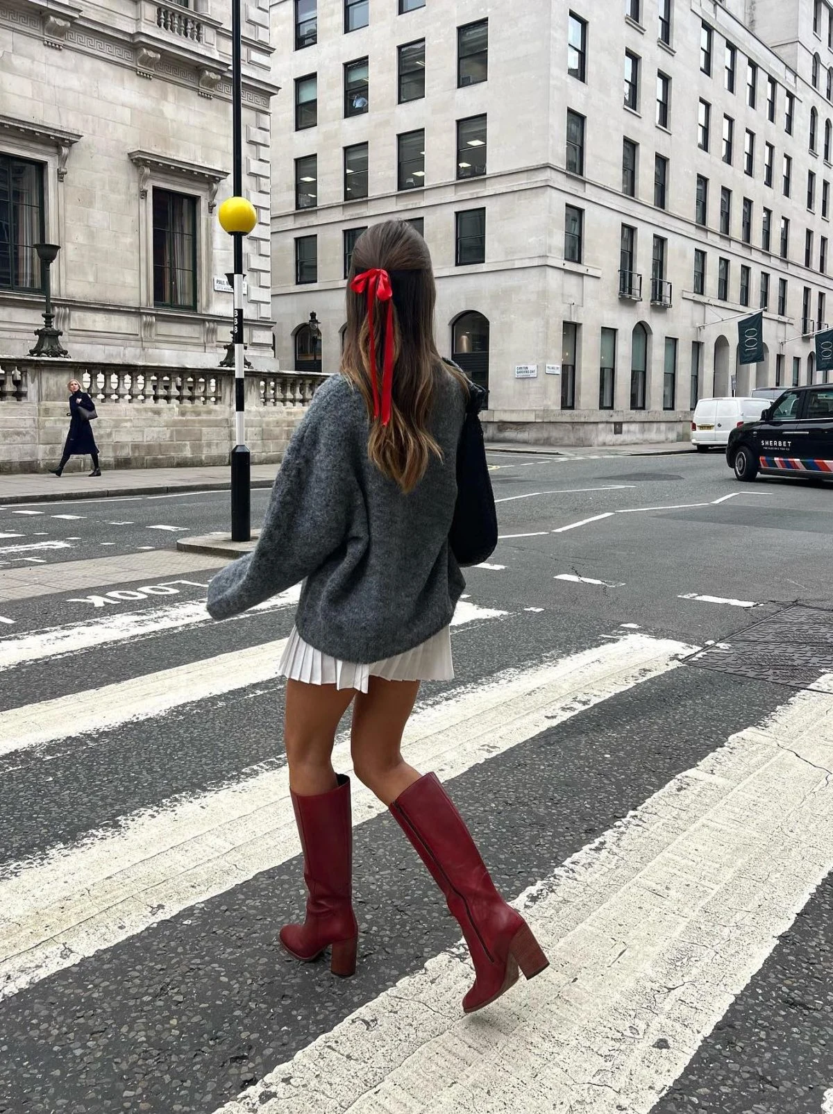 Gray Oversized Sweater Pleated Skirt Burgundy Boots Outfit