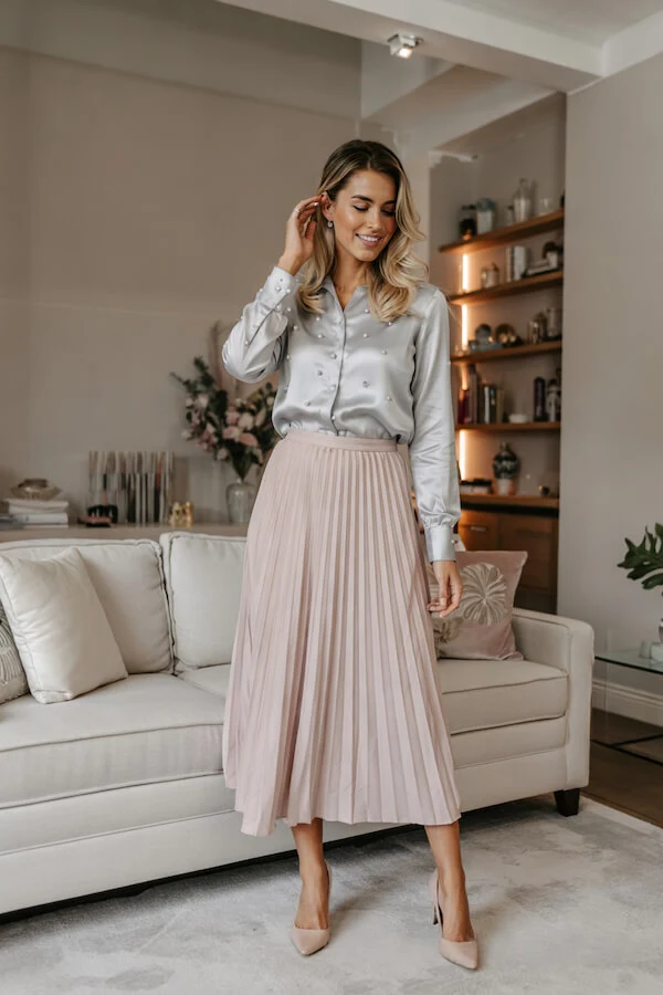 Silk Blouse Pleated Midi Skirt Outfit