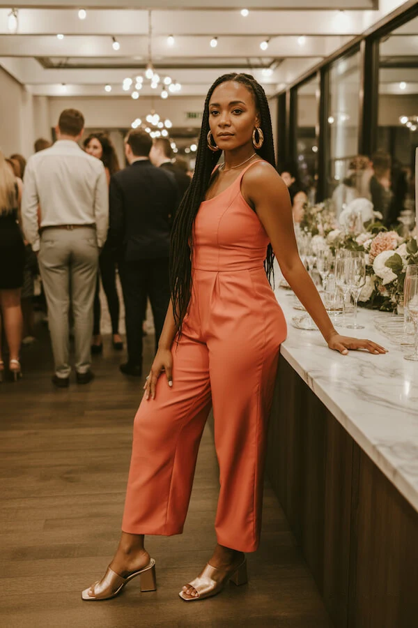 Coral Satin Jumpsuit Outfit with Gold Block Heels