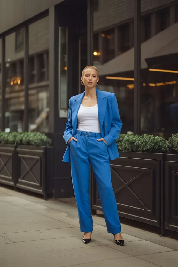 Cobalt Blue Suit White Tank Top Outfit