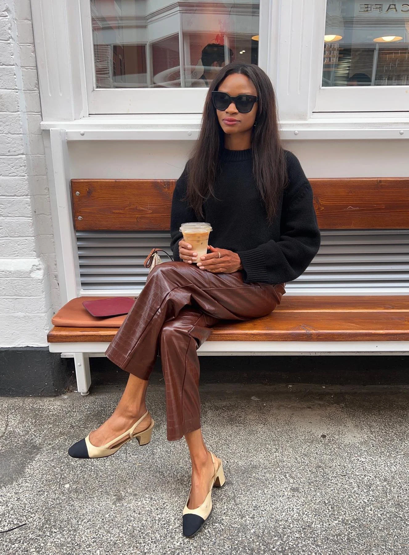 Black Knit Sweater Chocolate Brown Leather Trousers Outfit