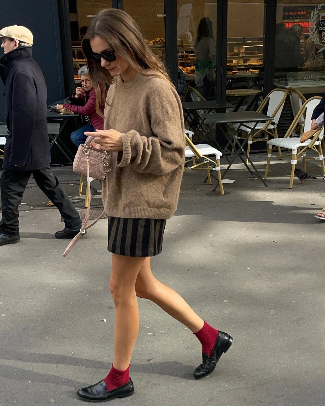 Oversized Camel Sweater Outfit with Striped Knit Skirt