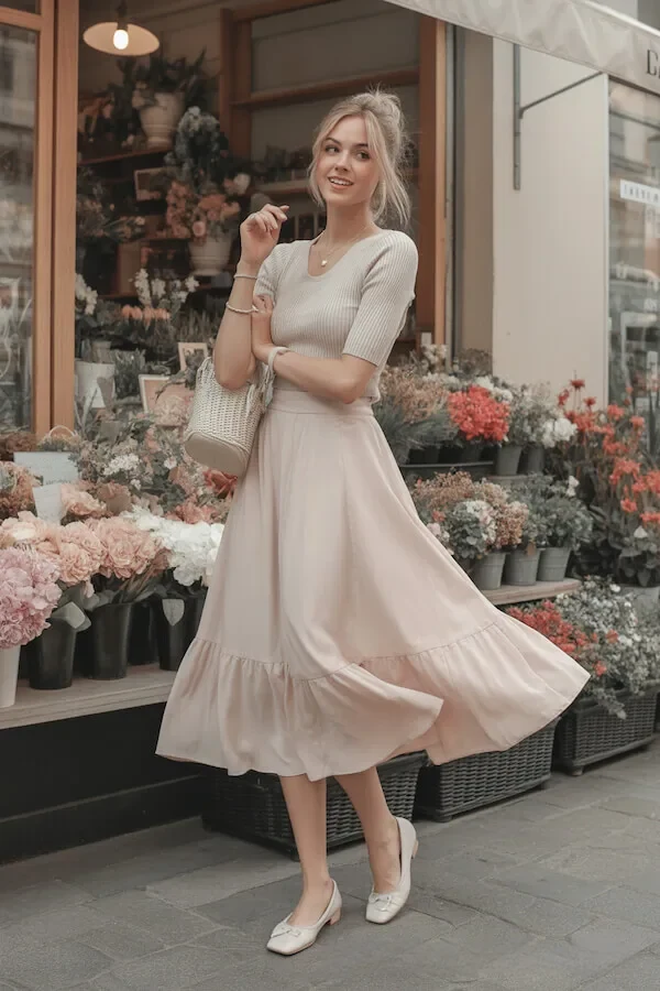 Blush Pink Tiered Midi Skirt with Cream Ribbed Knit Top