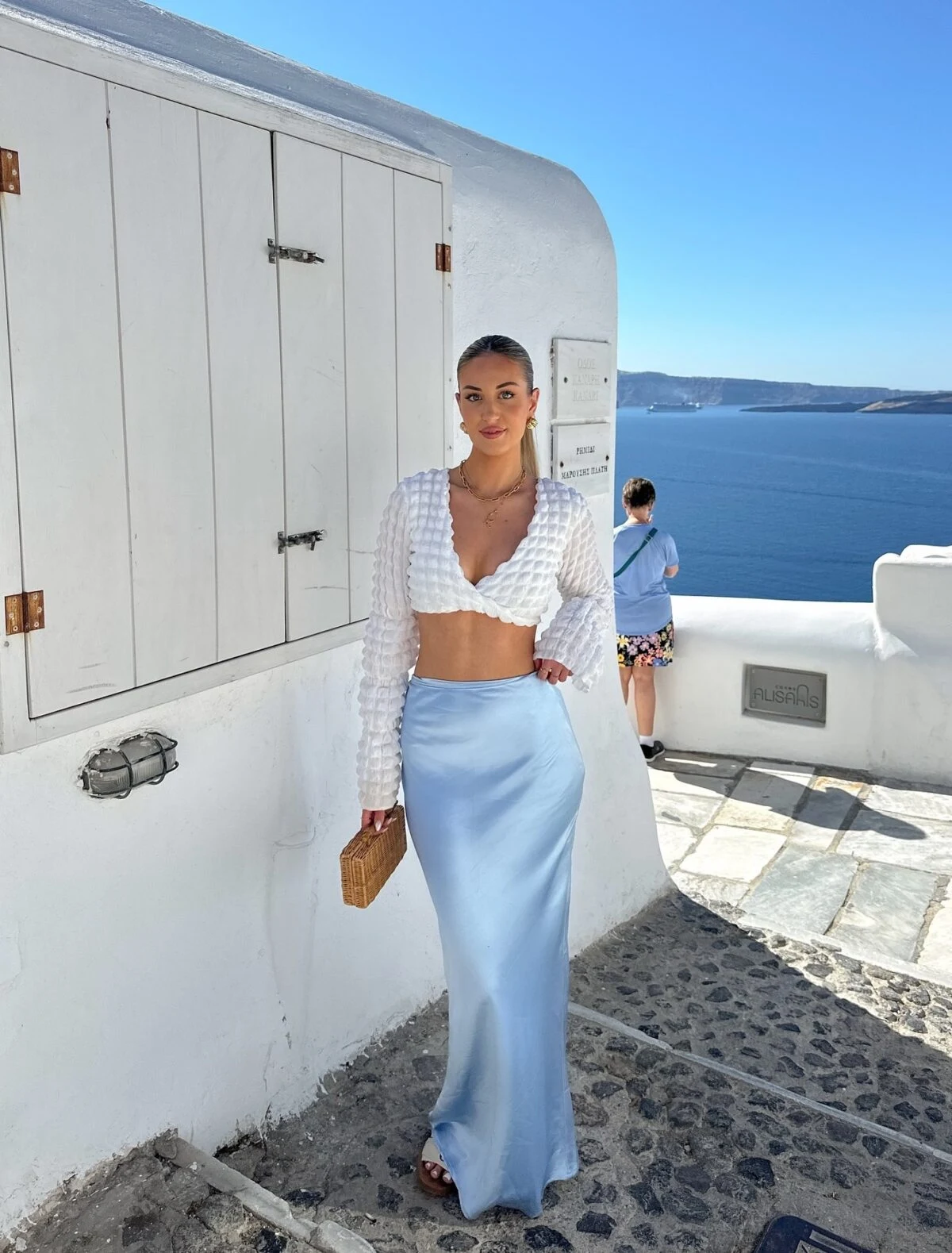 White Crop Top Blue Maxi Skirt Vacation Outfit