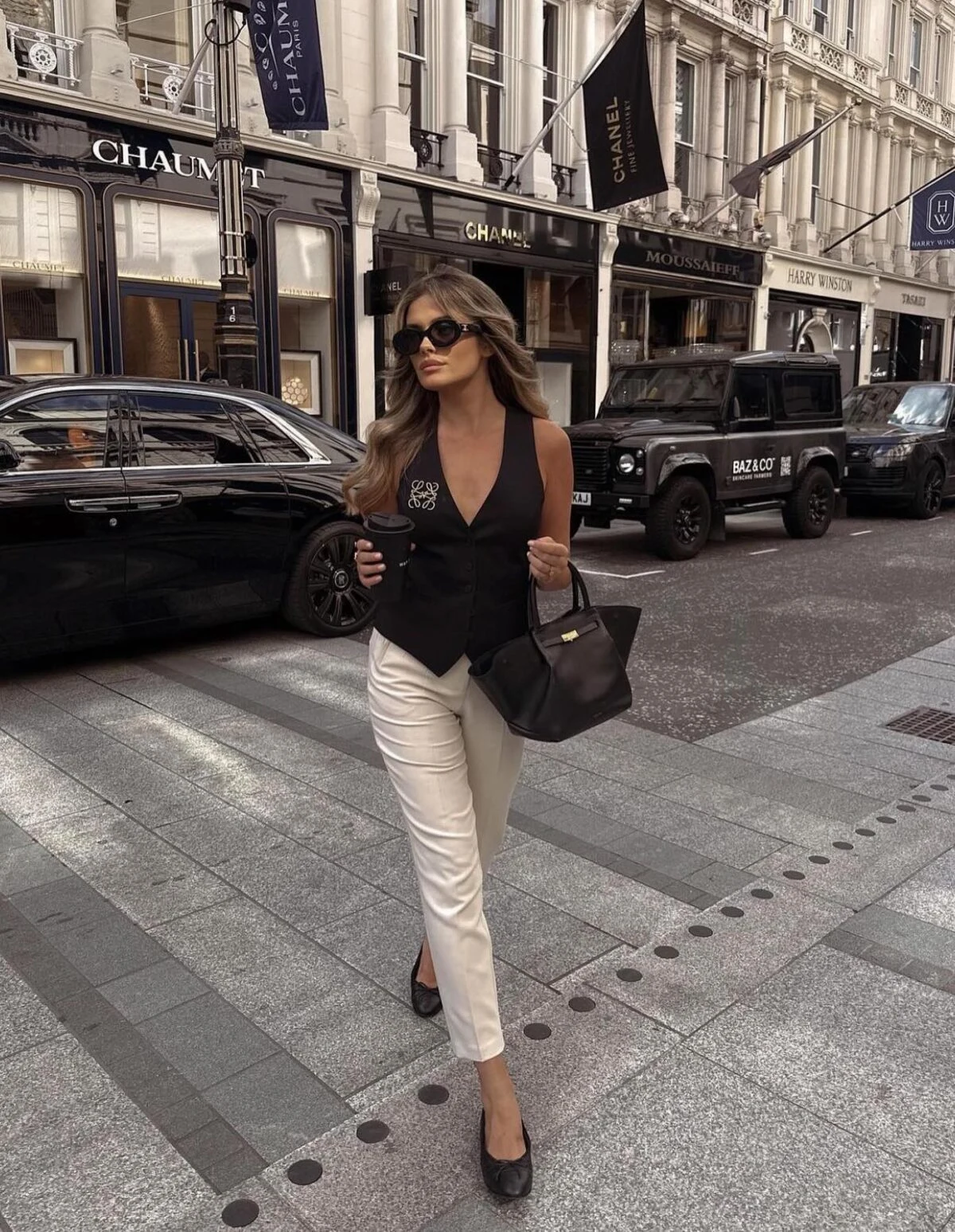 Black Vest Blazer Outfit with Cream Tailored Trousers