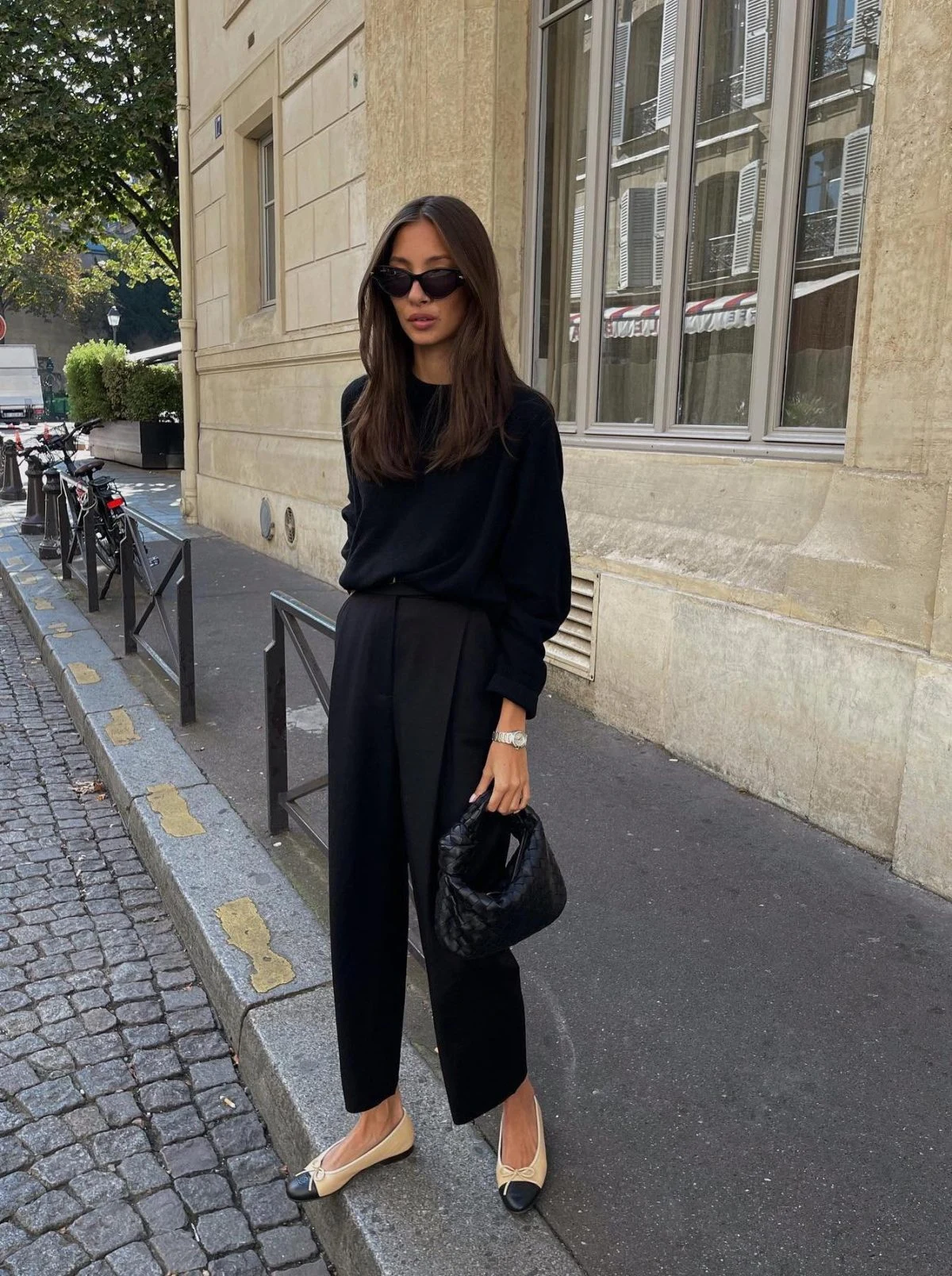 Black Wide-Leg Trousers with Two-Tone Ballet Flats