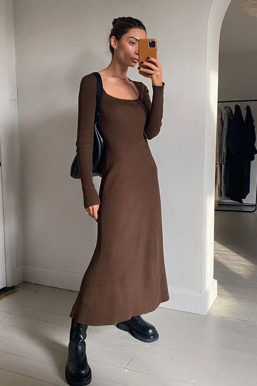 Chocolate Brown Ribbed Knit Midi Dress Outfit with Black Boots