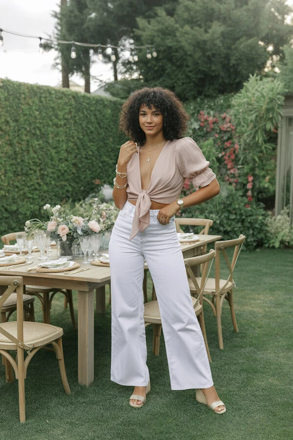 Blush Tie-Front Top with White Wide-Leg Trousers Summer Outfit