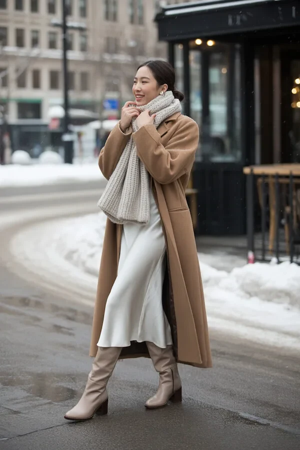 Camel Coat White Slip Skirt Winter Outfit with Knee Boots