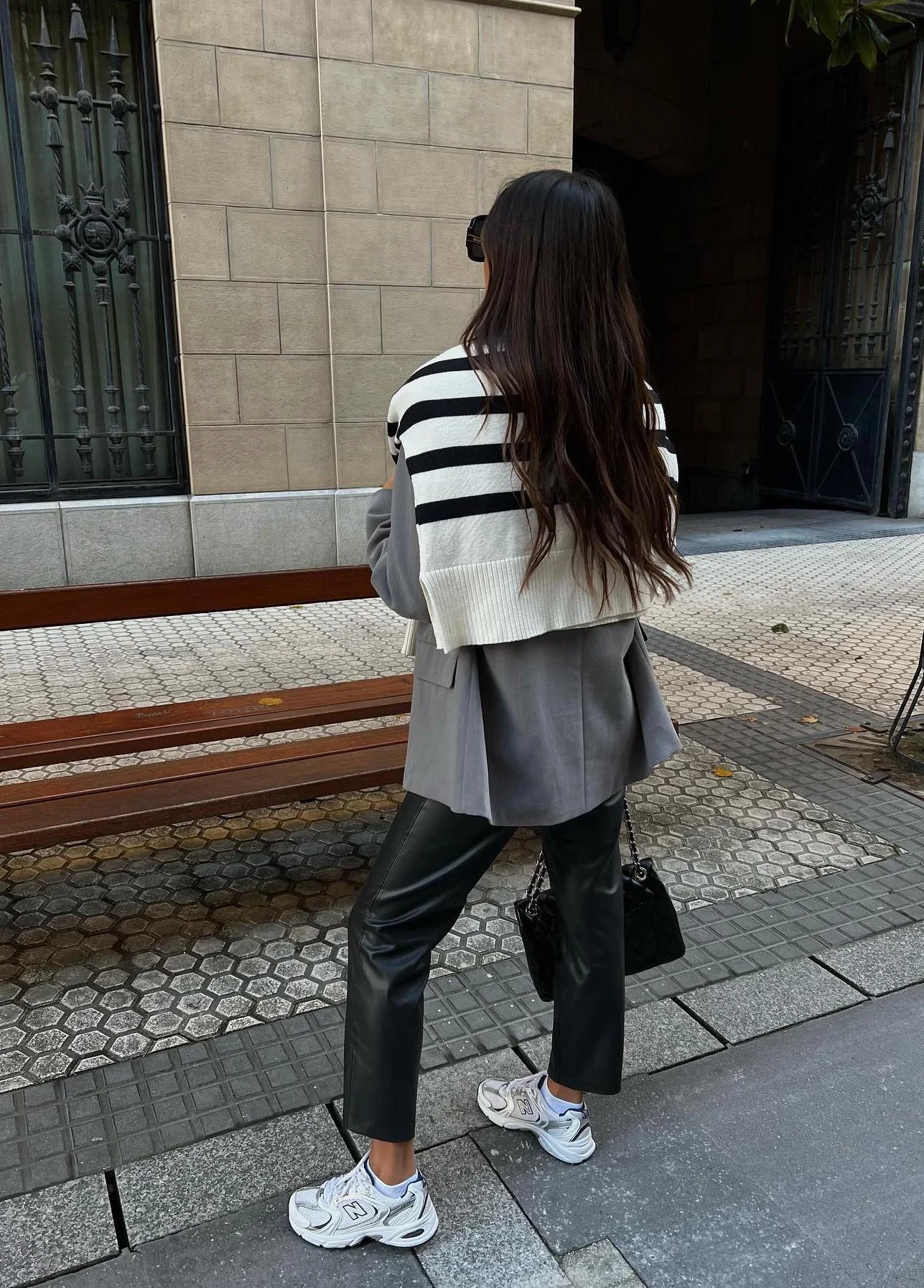 Grey Blazer Black Leather Trousers Striped Knit Outfit