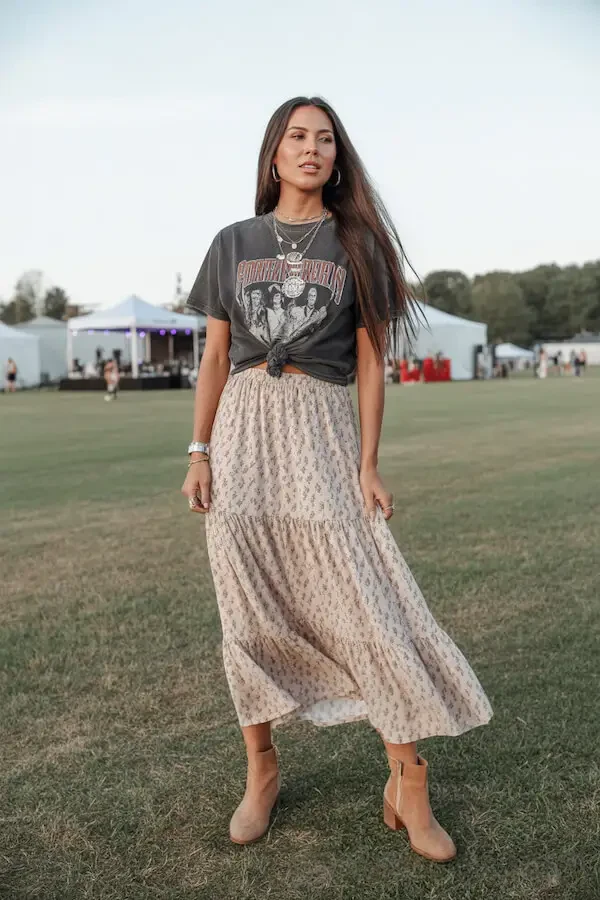 Graphic Band Tee with Tiered Floral Midi Skirt and Ankle Boots