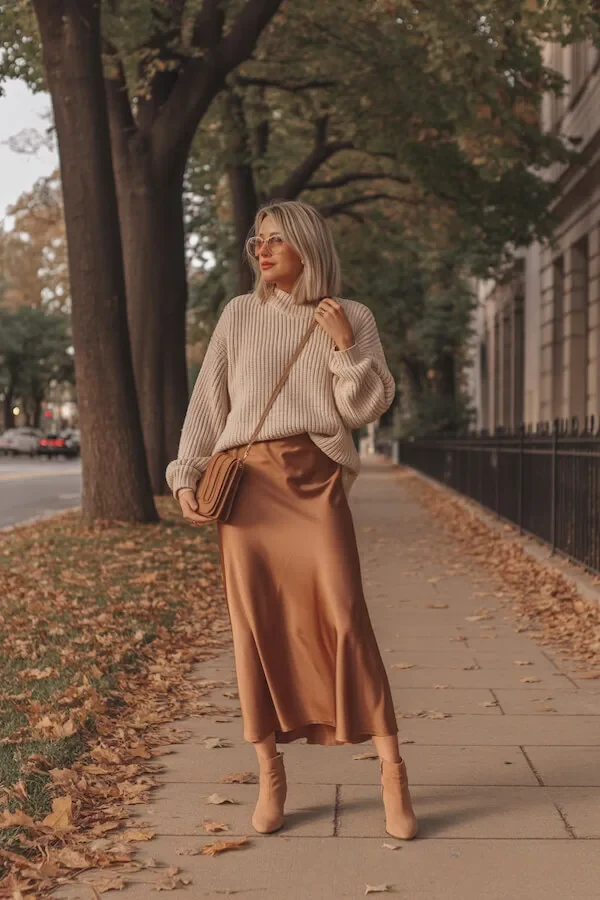 Cream Ribbed Knit Sweater with Camel Silk Midi Skirt and Ankle Boots
