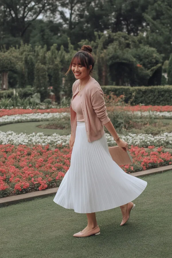 White Pleated Midi Skirt with Camel Cardigan and Ballet Flats