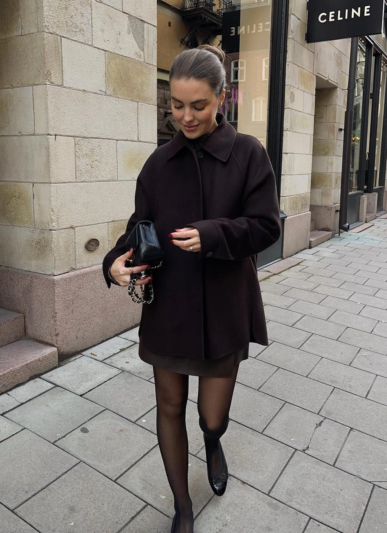 Black Oversized Collar Coat Outfit with Mini Skirt