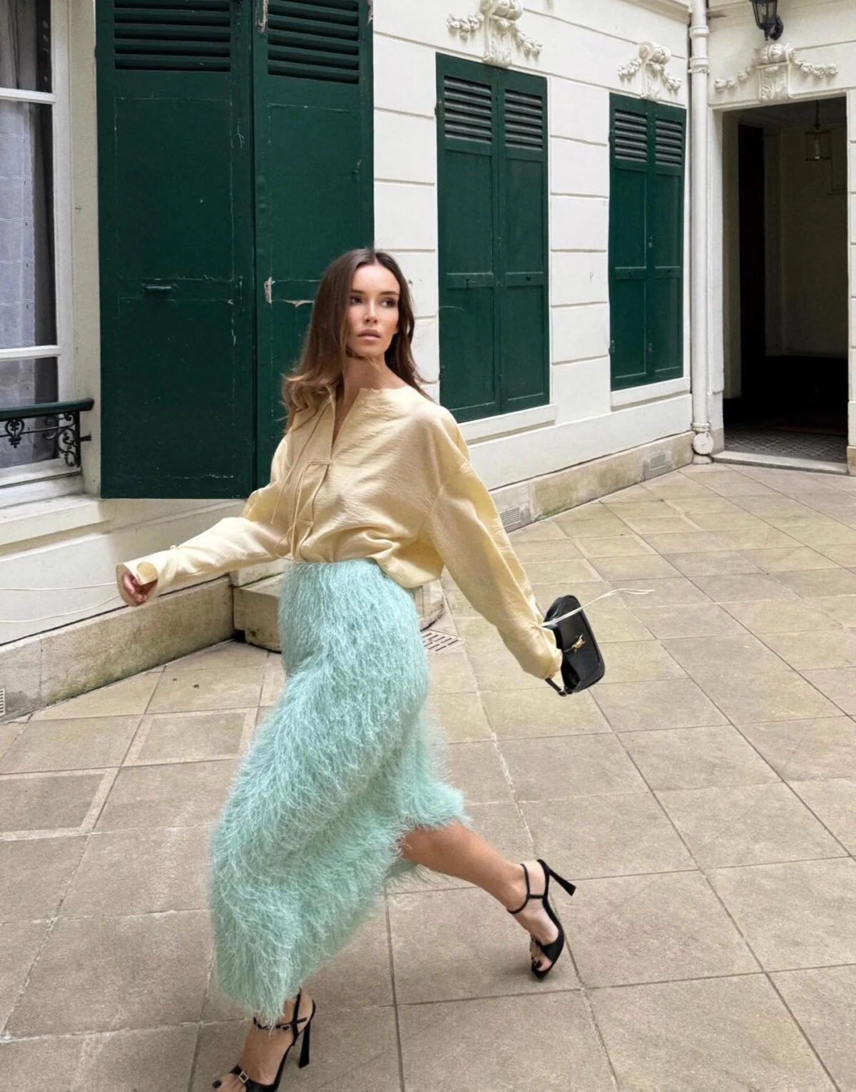 Butter Yellow Silk Shirt Mint Feather Skirt Outfit