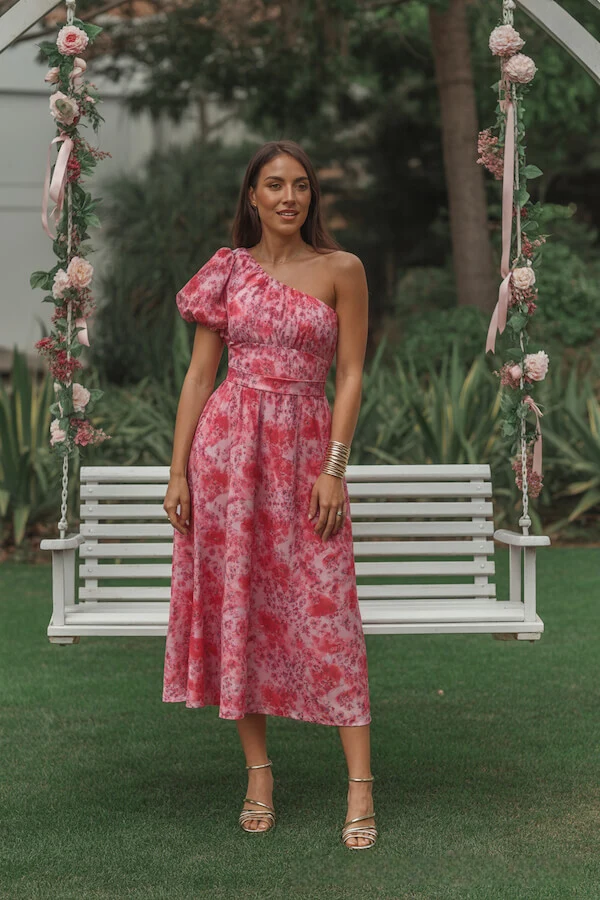 Pink Floral One-Shoulder Midi Dress with Puff Sleeve