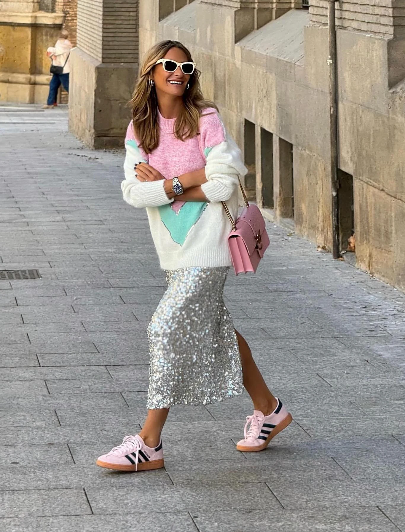 Silver Sequin Midi Skirt Outfit with Colorblock Cardigan
